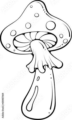 Groovy hippie fly agaric mushroom. Retro 70s psychedelic funky fungus. Vintage nostalgia vector in hand drawn sketch doodle style. Black line art illustration isolated on white. Tattoo, coloring book