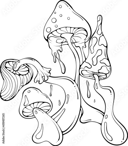 Groovy hippie composition of unusual mushrooms. Retro 70s psychedelic funky fungus. Vintage nostalgia vector in hand drawn sketch style. Black line art illustration isolated on white. Coloring book