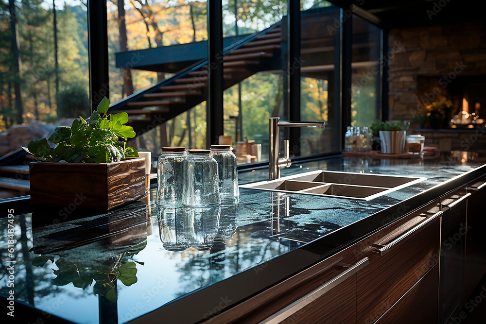 Stylish and luxurious modern kitchen design with marble countertops and a sink opposite the window. 

