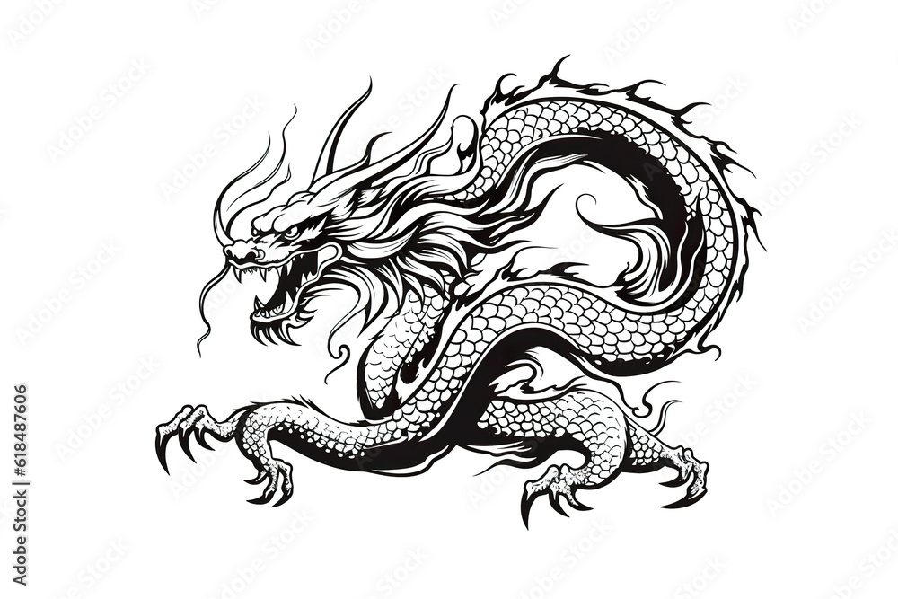 Chinese dragon artwork black line stencil isolated on white PNG Chinese dragon artwork black line stencil isolated on white PNG