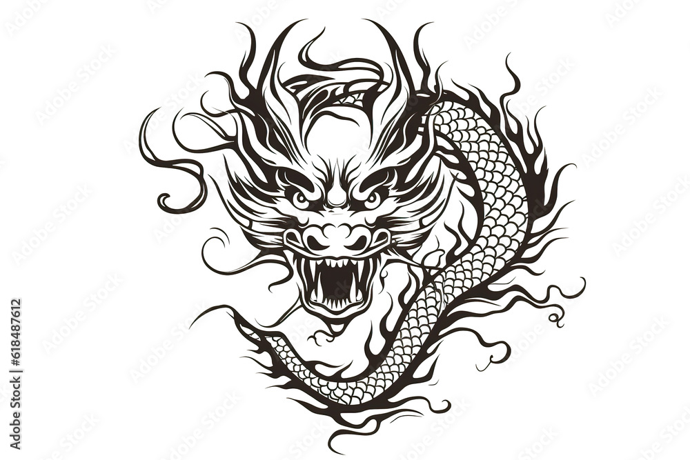Fototapeta premium Chinese dragon artwork black line stencil isolated on white PNG