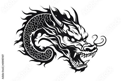 Chinese dragon artwork black line stencil isolated on white PNG