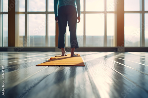 Bare feet woman standing on wooden floor in city loft. Generative AI
