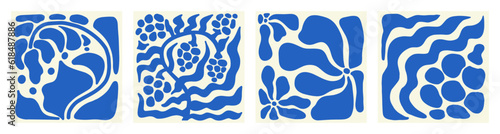 Matisse Naive Blue Poster Set. Abstract Groovy Flowers Art in Hippie 1970 style. Floral Vector Illustration in Blue Color. Backgrounds for T-Shirts, Wallpaper, Case Phone.