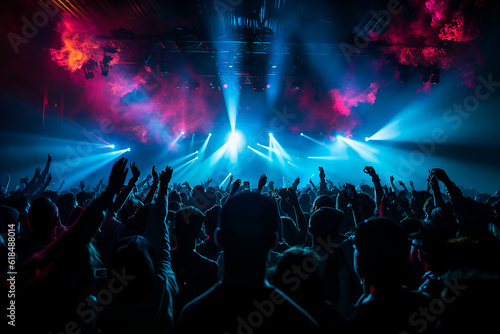 Crowd raising their hands and enjoying great festival party or concert. Silhouettes of people in neon light. 