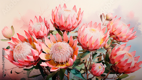 Protea flowers bouquet, watercolor painting. Generative AI