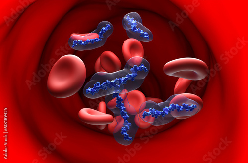 Heparin (UFH) anticoagulant molecules in the blood flow - section view 3d illustration photo