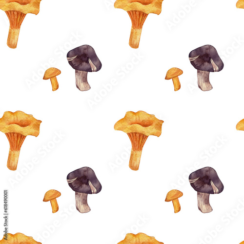 Watercolor mushrooms seamless pattern. Colorful chanterelles and shiitakies. Hand drawn illustration on transparent.