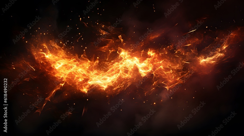 Fire and flying fire particles, Fire sparks background, abstract Fire and fire sparks, fire overlay,  Flames on isolated black background, Generative AI