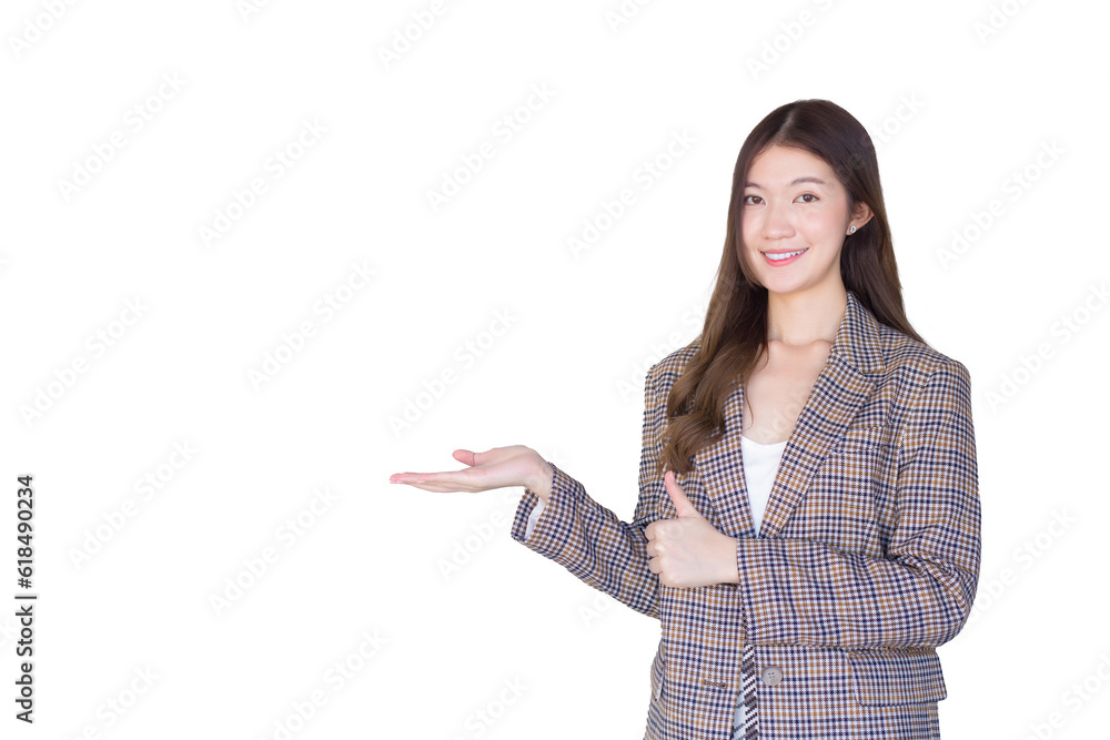 Professional Asian woman business with black long hair wearing a plaid suit and pretty smiling looking at camera is present product isolated on white background. Professional Asian woman business with black long hair wearing a plaid suit and pretty smiling looking at camera is present product isolated on white background.