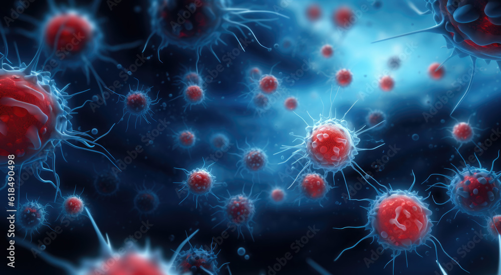 Blue Background with Cancer Cells created with Generative AI Technology, ai, generative Blue Background with Cancer Cells created with Generative AI Technology, ai, generative