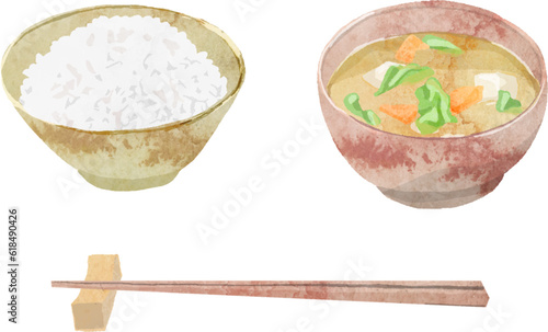 ごはんとお味噌汁の水彩ベクターイラスト