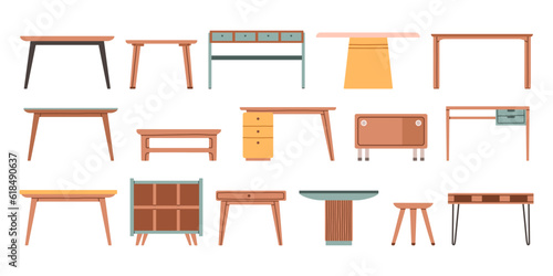 Set of different tables, classic, modern, office. Isolated on a white background. Cartoon vector flat illustration