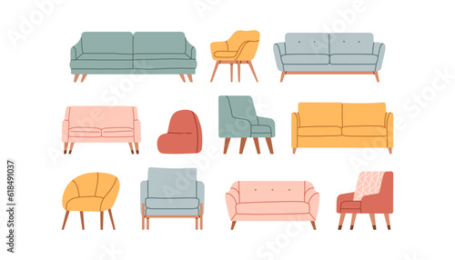 Trendy comfortable chair and couch set. Soft furniture, luxury armchair, sofa, hand drawn vector doodle elements