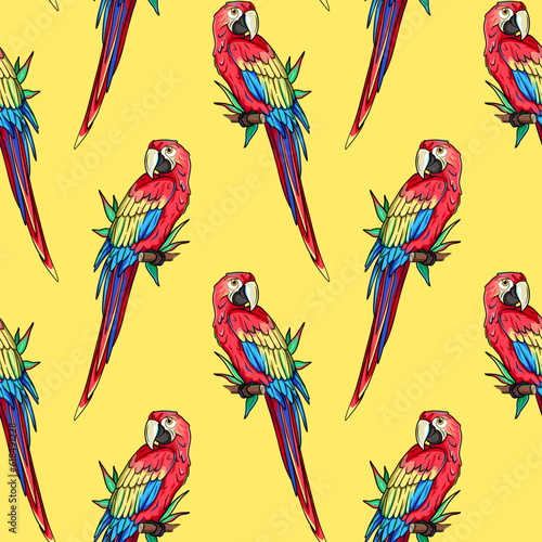 Ara, macaw parrot seamless pattern, background