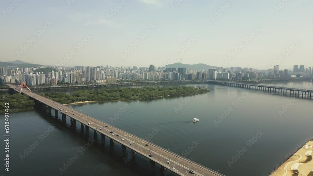 Aerial view of Seogang Bridge connecting downtown Seoul Korea Aerial view of Seogang Bridge connecting downtown Seoul Korea