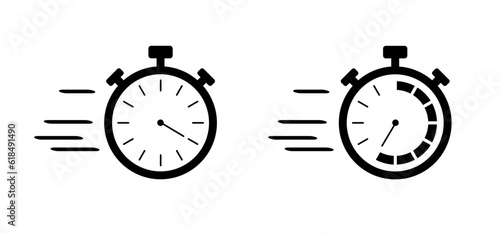 Stopwatch, quick timer icon. Delivery logo. Stopwatch, delivery icon, timer symbol. Compass, clock sign symbol. Fast time timer. Management, deadline concept.