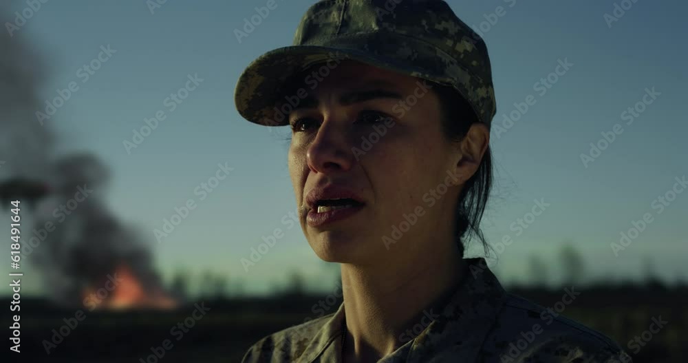 Slow Motion Close Up Portrait of Strong Woman in Military Camouflage ...