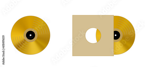 Cartoon golden vinyl or lp icon symbol. dj symbol. retro gold vinyl record album. Music plate, cover or envelope. Phonograph, turntable. Music recording. Gramophone label and badge. Pop award.