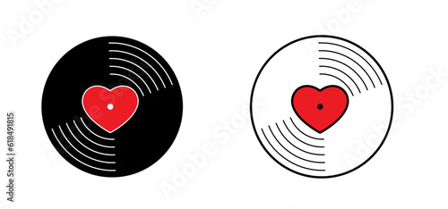 Cartoon vinyl or lp icon symbol. dj symbol. retro vinyl record album. Music plate withe love, heart. Phonograph, turntable. Music player, analog music recording. Gramophone label and badge.