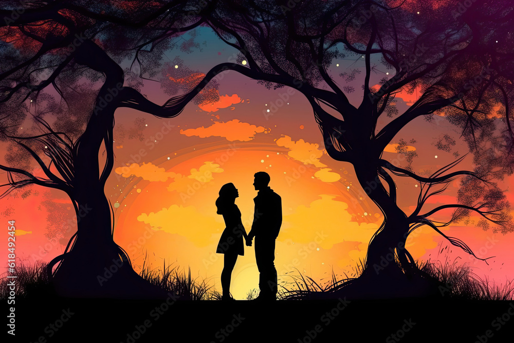 romantic couple silhouette stand under big tree illustration Generative AI