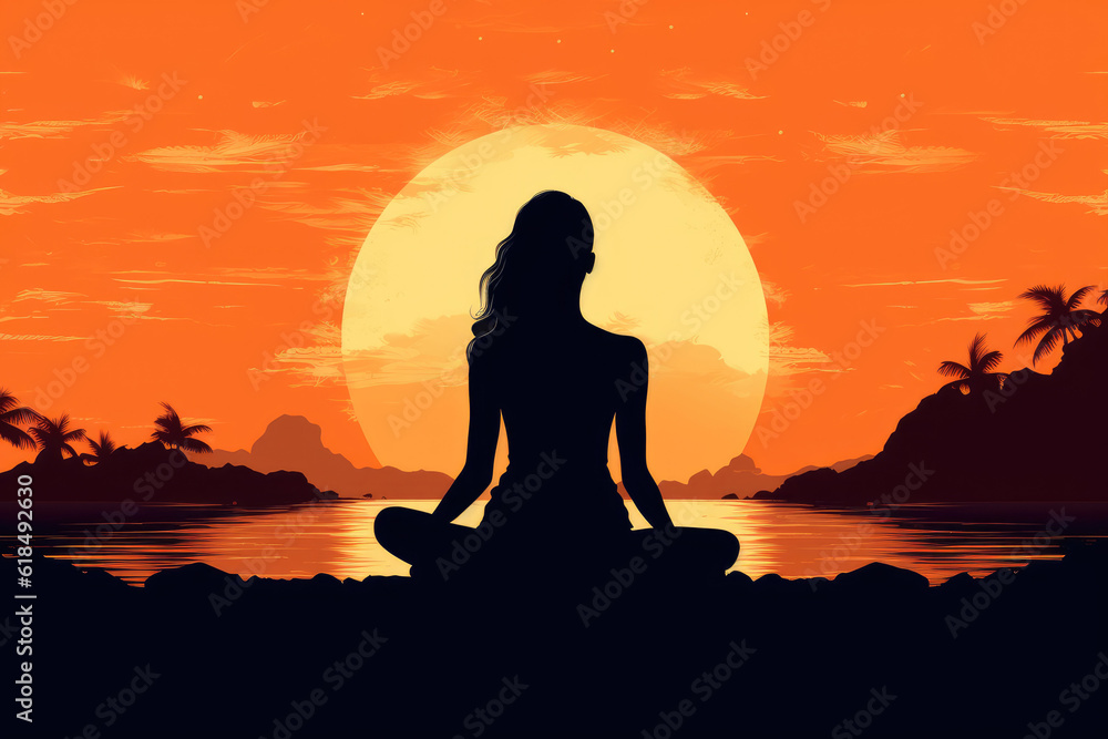 young woman silhouette in yoga lotus pose on tropical palm beach nature landscape illustration Generative AI