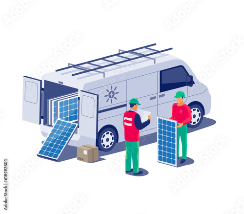 Solar panels installation service. Construction technician workers with van vehicle car installing the renewable power energy system to grid. Clean electricity production. Isolated vector illustration (ID: 618492604)
