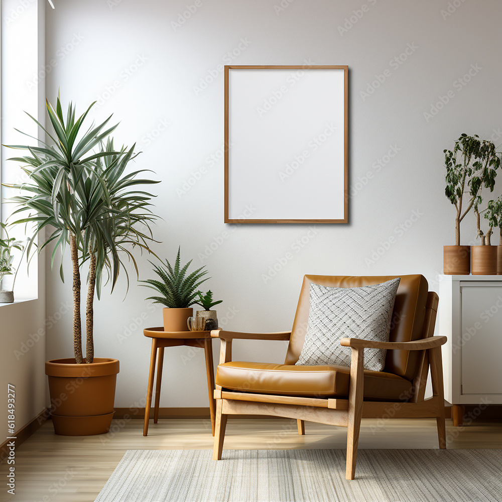 Blank picture frame mockup on gray wall. White living room design. generative AI
Blank picture frame mockup on gray wall. White living room design. generative AI