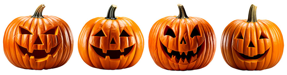 Set of four funny halloween pumpkins. Isolated on transparent background. Generative Ai