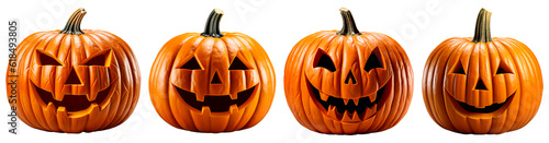 Set of four funny halloween pumpkins. Isolated on transparent background. Generative Ai