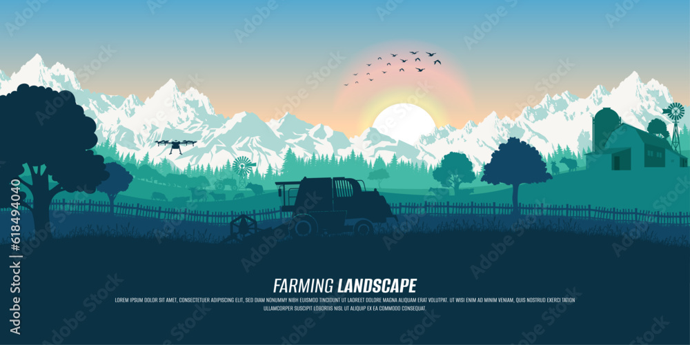 Agriculture, nature, and farming landscape. Silhouette of tractor, barn, and farm. Fields with wheat harvest. Cows, horses, sheep. Technological household. Banner with copy space.