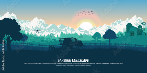 Agriculture, nature, and farming landscape. Silhouette of tractor, barn, and farm. Fields with wheat harvest. Cows, horses, sheep. Technological household. Banner with copy space.
