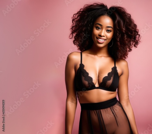 Young african american woman in peignoir or negligee under pink background. Generative AI