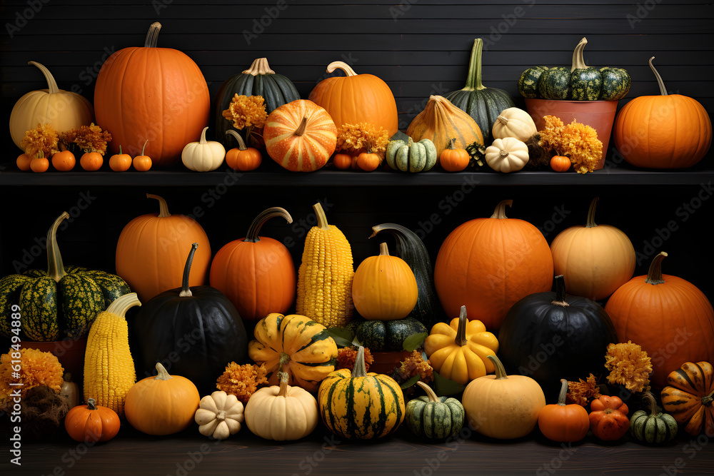 Halloween pumpkin shelf display on a black wooden background, a symbol of spooky delights! This image exudes a festive charm. AI Generated Halloween pumpkin shelf display on a black wooden background, a symbol of spooky delights! This image exudes a festive charm. AI Generated
