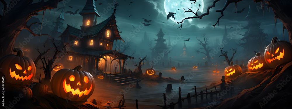 Behold the haunted house and Halloween pumpkin, a symbol of spooky delights! With a mischievous grin and glowing eyes, it exudes a festive charm. AI Generated