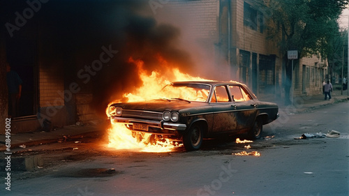 Apocalypse  fire and explosion with car in city for disaster  accident and damage  Danger  smoke and ai generated with burning vehicle in road for smoke catastrophe  armageddon and emergency