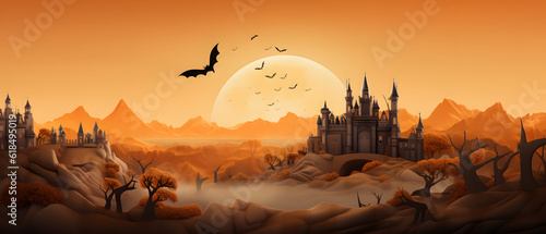 Haunted Halloween Castel and pumpkin, a symbol of spooky halooween decore. AI Generated