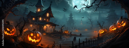 Obraz na płótnie Behold the haunted house and Halloween pumpkin, a symbol of spooky delights! With a mischievous grin and glowing eyes, it exudes a festive charm. AI Generated w salonie