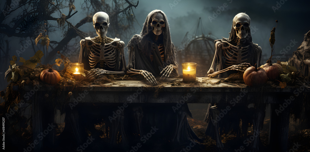 Behold the Halloween skeleton table, a symbol of spooky delights! With a mischievous grin and black eyes, it exudes a festive charm. AI Generated