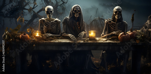 Behold the Halloween skeleton table, a symbol of spooky delights! With a mischievous grin and black eyes, it exudes a festive charm. AI Generated