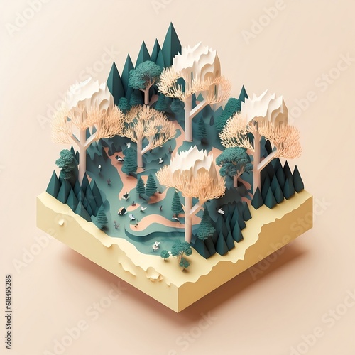 3d render. Nature concept. Isometric forest with trees and bushes. 