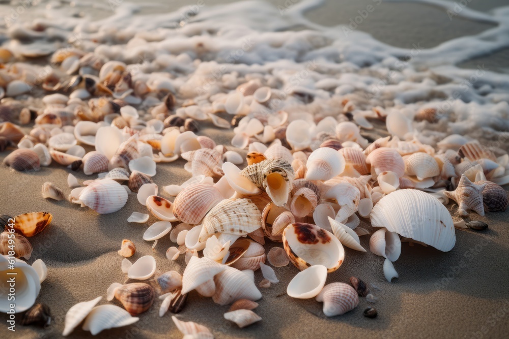 Fototapeta premium Seashells on the beach under the warm summer sun. Fine sand. Generative ai