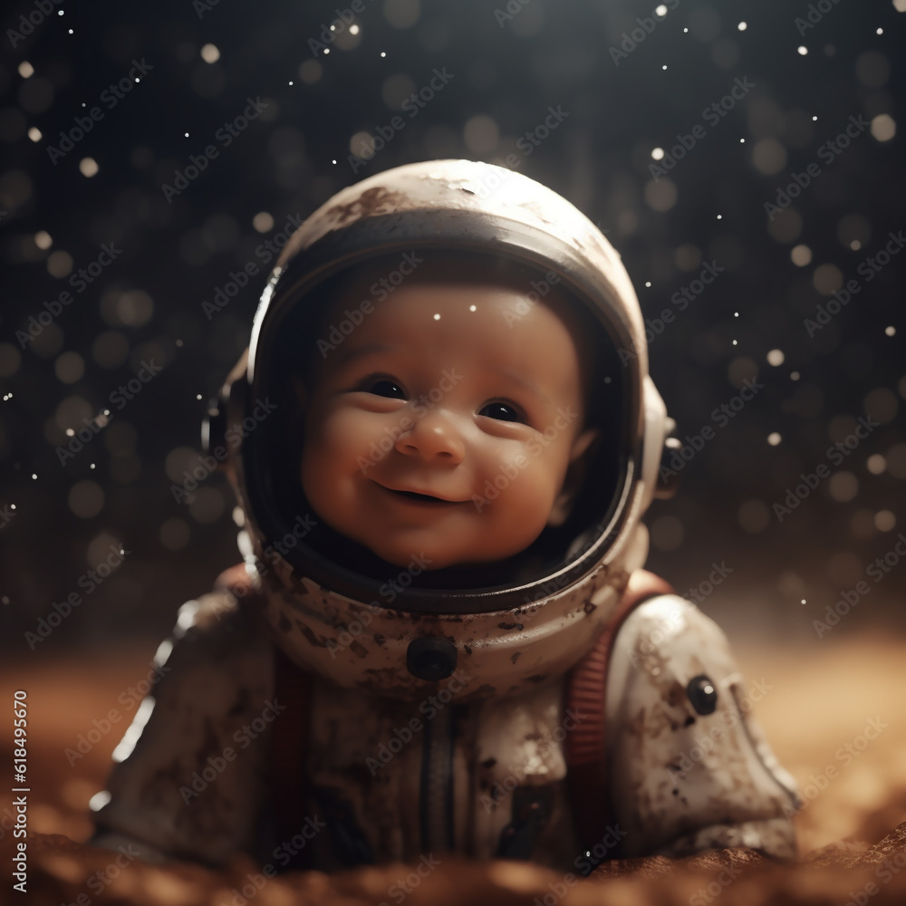 Astronaut child (baby) on the moon or mars wearing space suit and helmet and looking up to the stars. Generative ai. Astronaut child (baby) on the moon or mars wearing space suit and helmet and looking up to the stars. Generative ai.