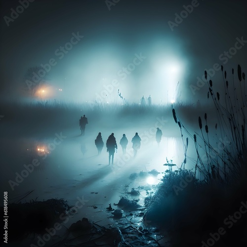 Mist Swamp at night Silouhettes of people blurred within the mist  photo