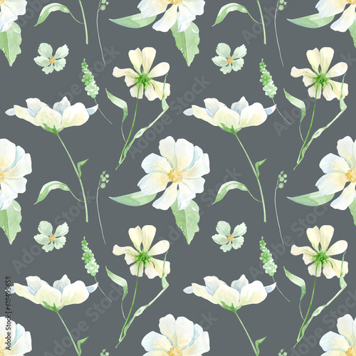 Watercolor delicate wildflowers  herbs floral seamless pattern on dark back  Meadow wild flower and foliage  leaf  plants. Spring garden  Repeatable texture  wrapping paper  wallpaper  fabric  textile
