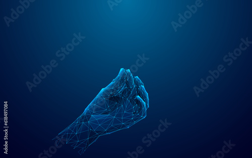 Fototapeta Naklejka Na Ścianę i Meble -  Abstract Digital Human Hand Holdings Something. Low poly Young Man or Woman Gesture on Blue Technology Background. Wireframe 3D vector illustration. Polygonal Fingers with Connected Glowing Dots.