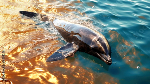 Dolphin suffering from water pollution by oil. Mammals come into contact with oil slicks while swimming or breathing near the surface of the water. Breathing problems, intoxication and skin damage