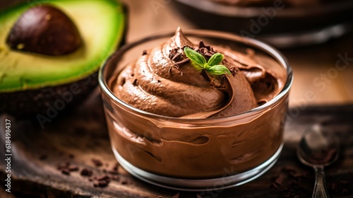 Dark chocolate avocado pudding or mousee, Vegan, Generative AI photo