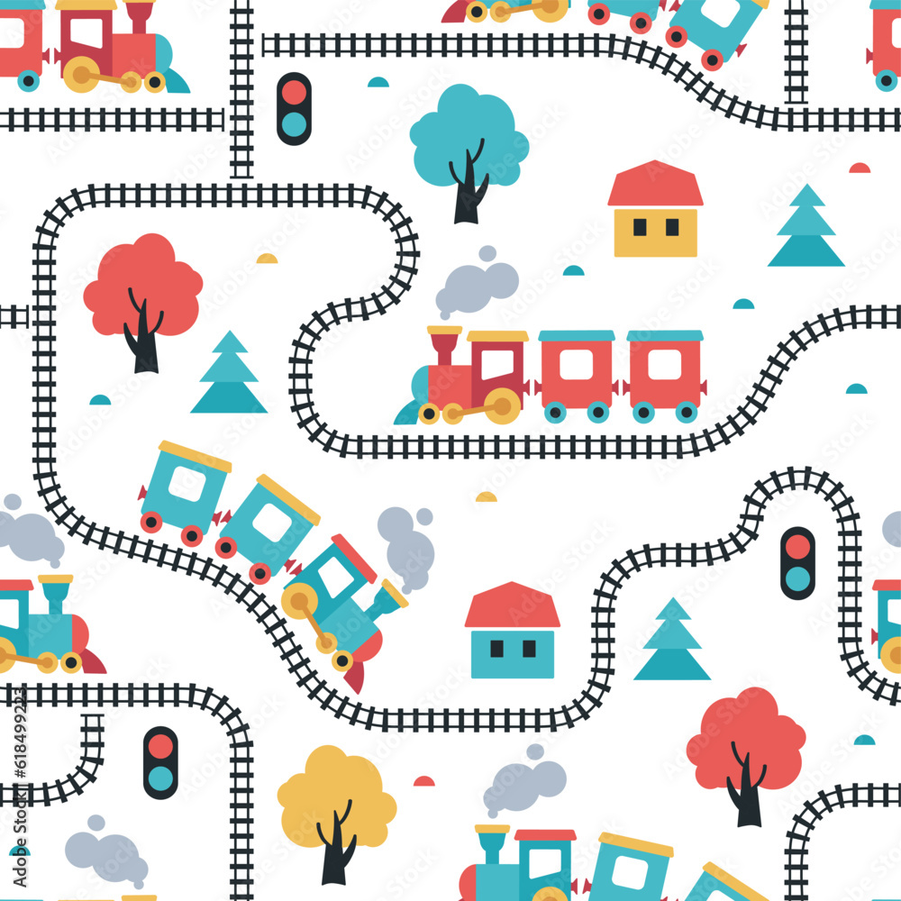 Colorful seamless pattern with cartoon train, steam locomotive, railway in flat style. Endless texture for fabric, clothes, background, textile, wallpaper. Vector color illustration.