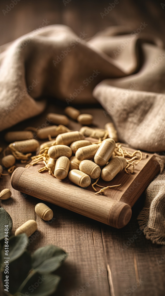 Ashwagandha Capsules, ashwagandha capsules placed on a wooden surface, Soft natural light, neutral background, wooden board, burlap cloth, Earthy tones, yellow hue. Generative AI Ashwagandha Capsules, ashwagandha capsules placed on a wooden surface, Soft natural light, neutral background, wooden board, burlap cloth, Earthy tones, yellow hue. Generative AI